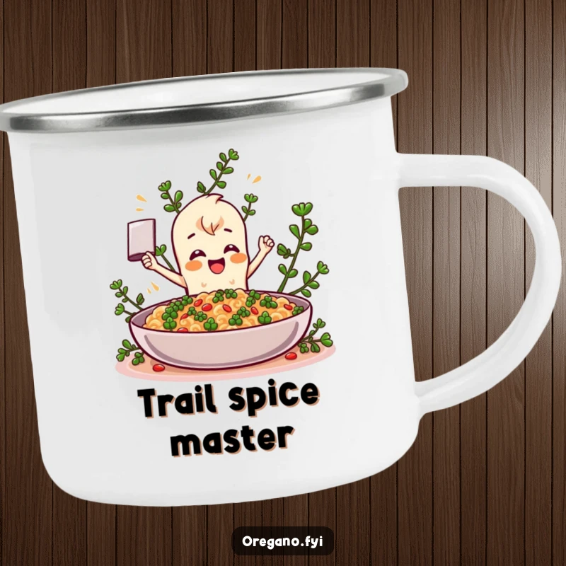 Funny Oregano camping mug, showing a cheerful herb character seasoning food outdoors, built for durability and humor. A great adventure gift.