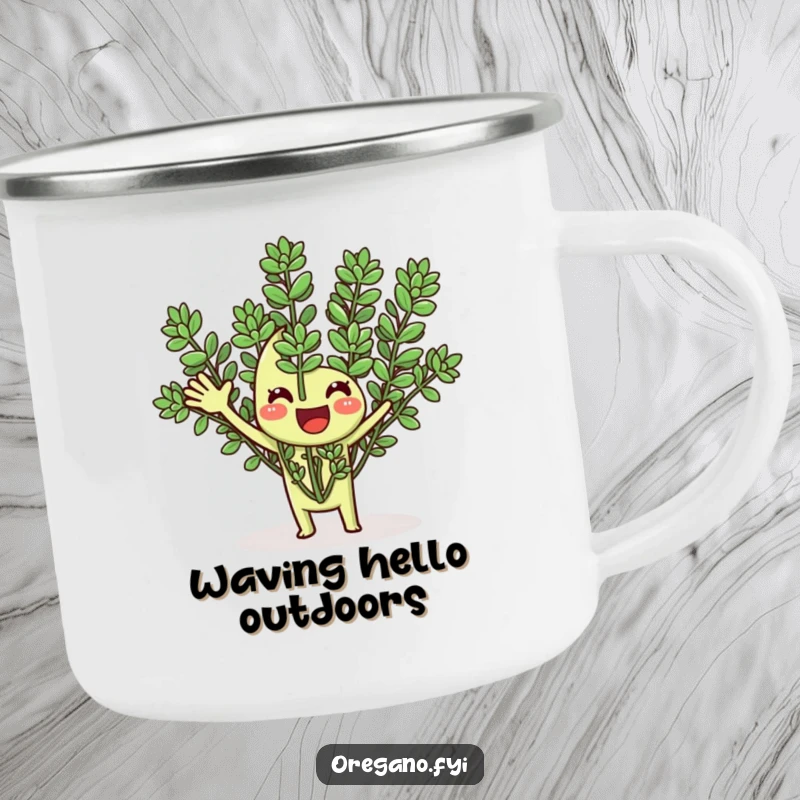 Funny camping mug with a smiling oregano herb enthusiastically waving its fronds, perfect for enjoying drinks outdoors.