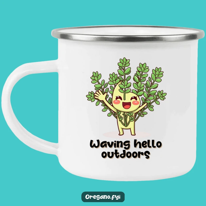 Funny Oregano Waving Camping Mug: Enjoy Drinks with a Herbaceous Hello