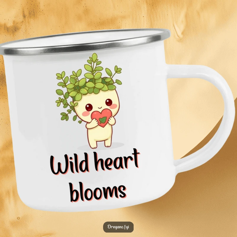 Funny Kawaii oregano sprig character holding a tiny heart made of leaves, enamel camping mug with natural and loving theme, great for outdoors.