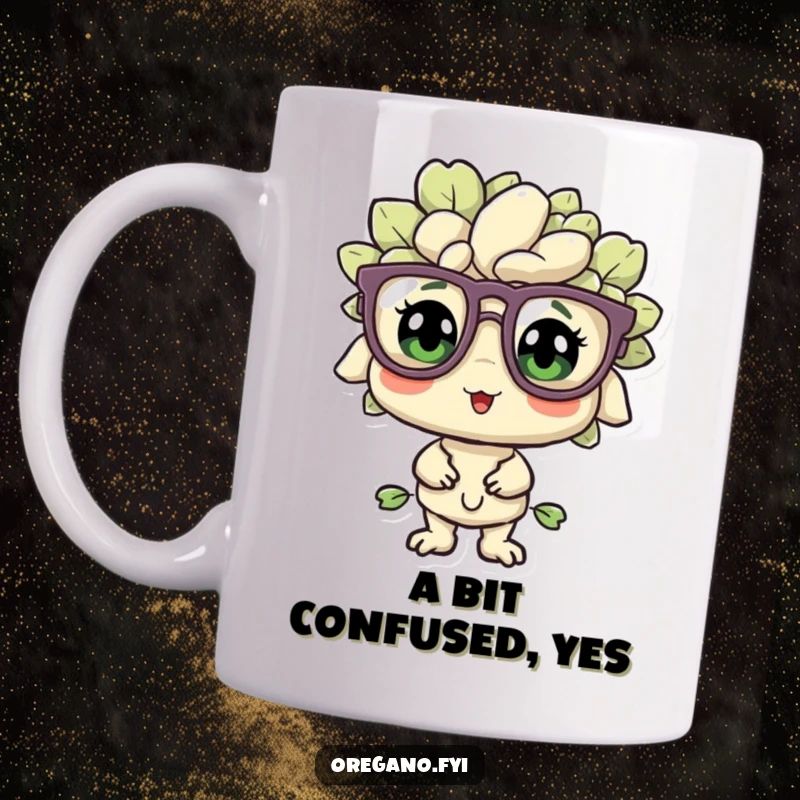 Funny oregano sprig character wearing oversized glasses, looking bewildered but pleased on a mug, conveying charming confusion.
