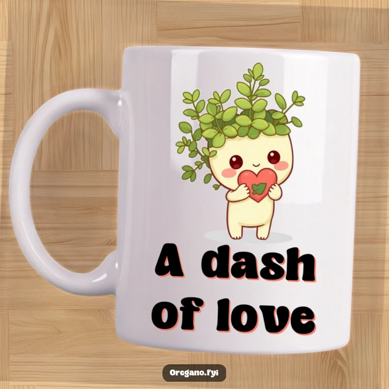Funny Kawaii oregano sprig character holding a tiny heart made of leaves, natural and loving design, perfect for expressing unique affection.