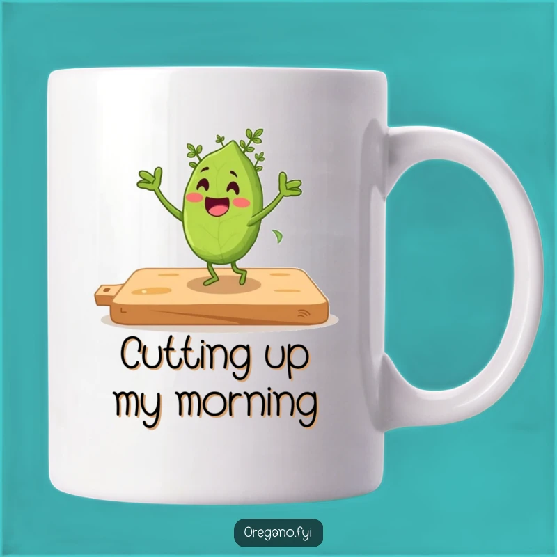 Funny Jigging Oregano Mug: Excited Herb Dancing on Cutting Board, Perfect Funny Gift