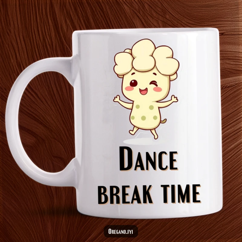 Funny mug featuring a smiling oregano character doing a joyful little dance, celebrating happiness and herbaceous flair.