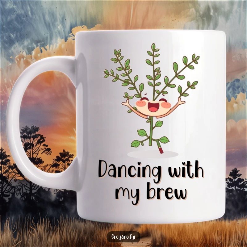 Funny mug featuring a joyful oregano sprig doing a silly twirl with its leaves, a cheerful and humorous herb-themed gift.
