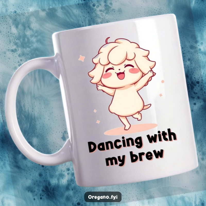 Funny Kawaii mug depicting a small, cute oregano character performing a light, whimsical, and funny delicate dance.