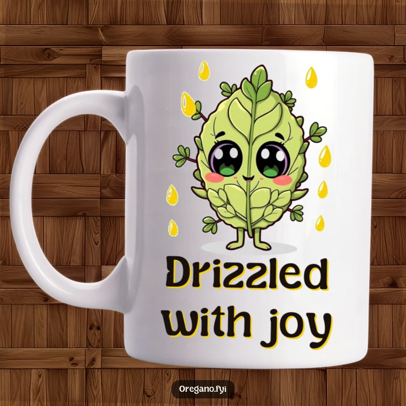 Funny mug with wide-eyed oregano leaf character being showered by falling droplets of olive oil.