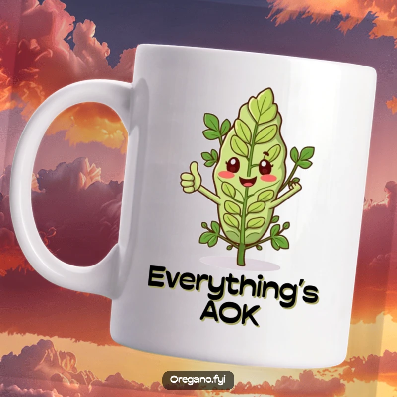 Funny mug featuring an oregano leaf with tiny arms giving a thumbs up, exuding approval and positive herb vibes. Great gift.