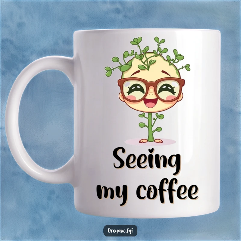 Funny mug featuring a giggling oregano sprig wearing comical oversized spectacles, a humorous and intelligent herb-themed gift.