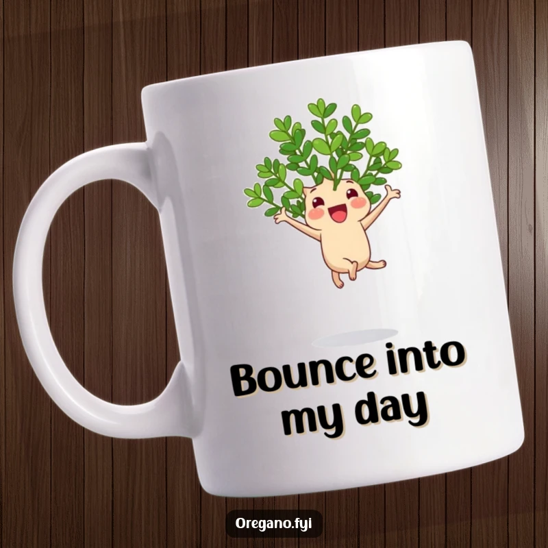 Funny mug showing a cheerful oregano sprig joyfully jumping high on a bouncy leaf with pure excitement.
