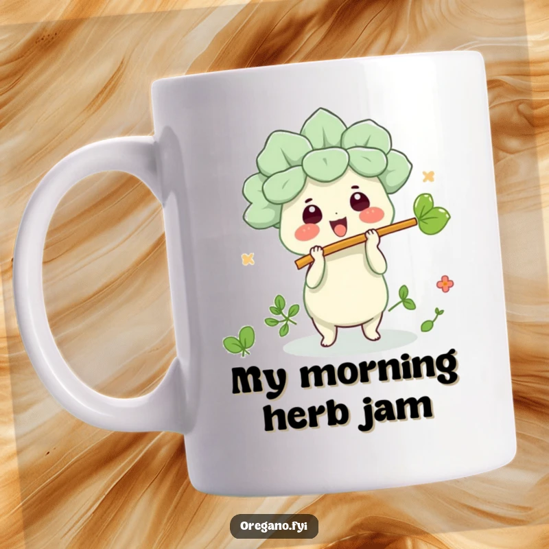 Funny kawaii oregano character enthusiastically playing a miniature leaf flute on a white coffee mug, symbolizing musical joy.