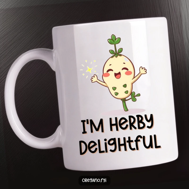 Funny Kawaii oregano sprig character excitedly sprinkling magical sparkles from its leaves on a ceramic mug, a cheerful and vibrant design.