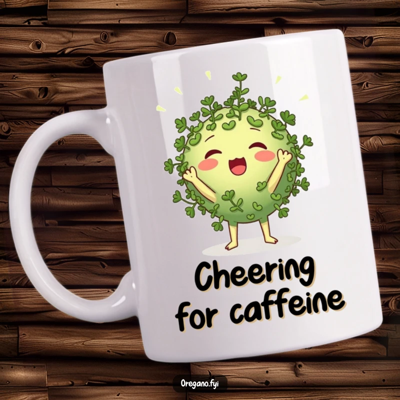 Funny round oregano character mug cheering loudly with tiny leaf-like pom-poms, a spirited and humorous kitchen accessory.