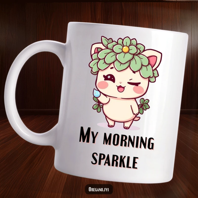 Funny mug featuring a mischievous oregano character winking and offering a sparkling dewdrop, a delightful and humorous herb-themed gift.