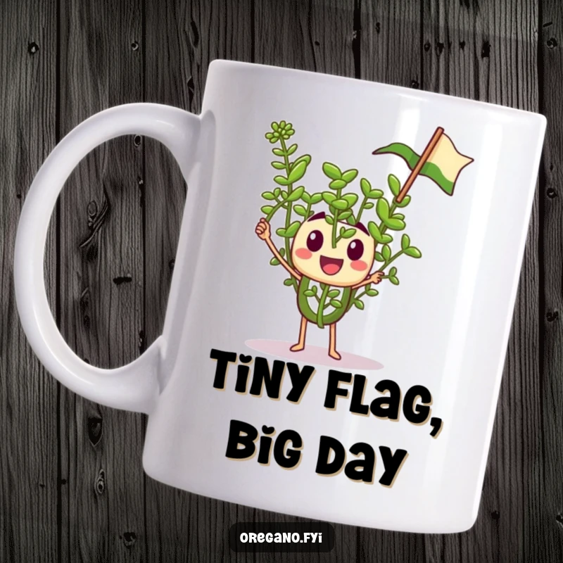 Funny mug with a tiny oregano sprig character enthusiastically waving a miniature flag, spreading joy and cheer.