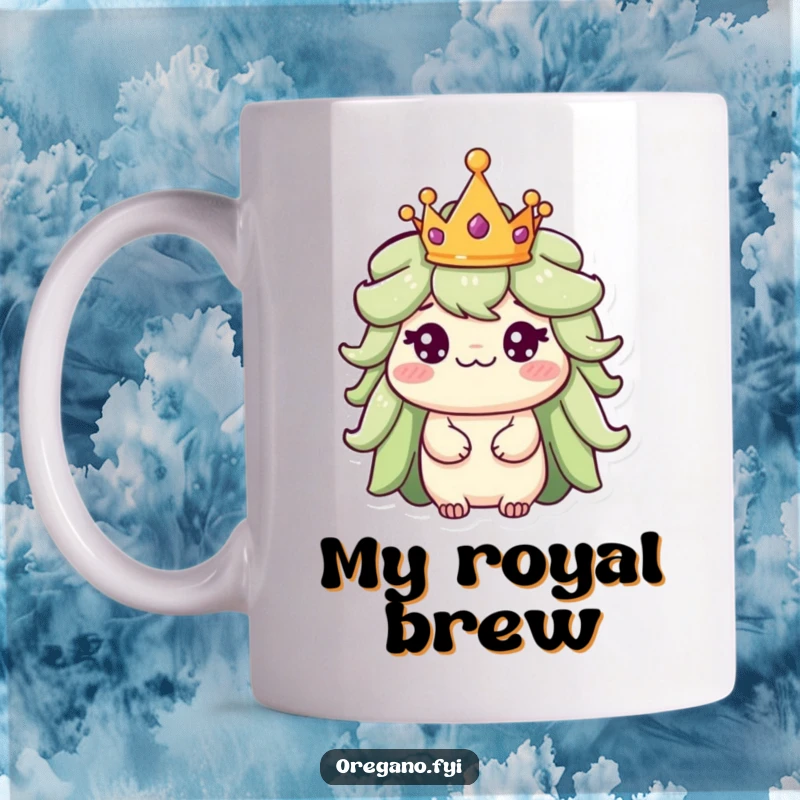 Funny mug depicting an oregano character wearing a tiny, regal crown, exuding a sense of noble and amusing authority.