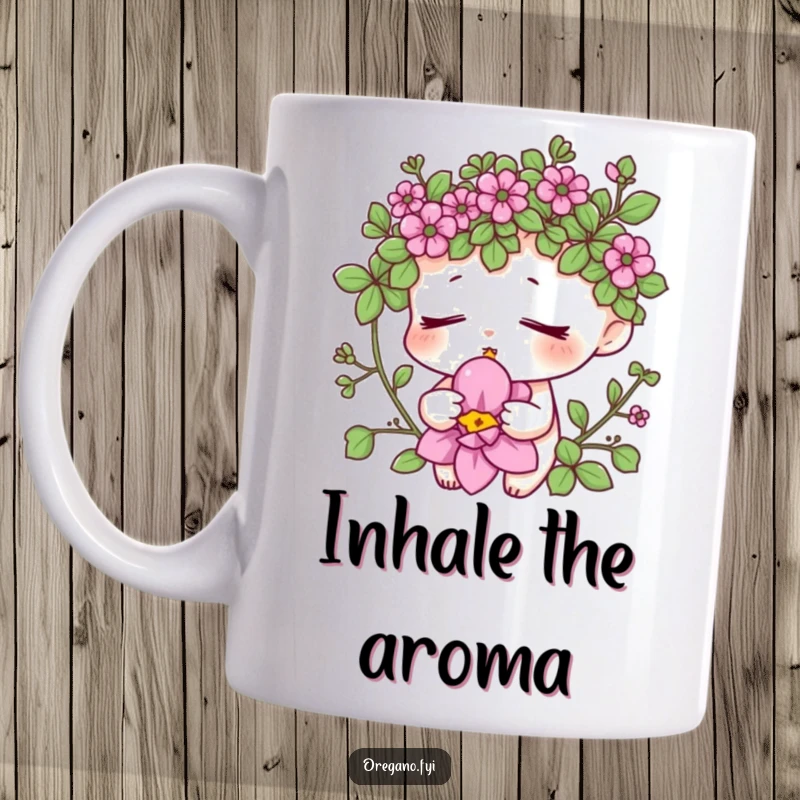 Funny oregano mug showing a content herb character with eyes closed, deeply inhaling the aroma of a beautiful bloom. Relaxing and aromatic gift.