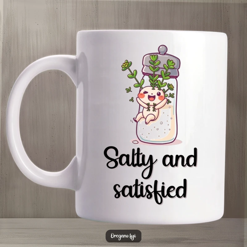 Funny happy oregano sprig character sliding down a salt shaker on a mug, conveying pure, unadulterated joy.