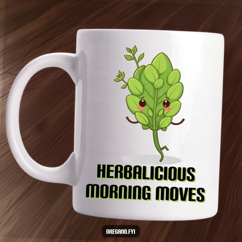 Funny mug featuring a single oregano leaf with tiny legs doing a happy shimmy dance, exuding playful energy. Great gift.