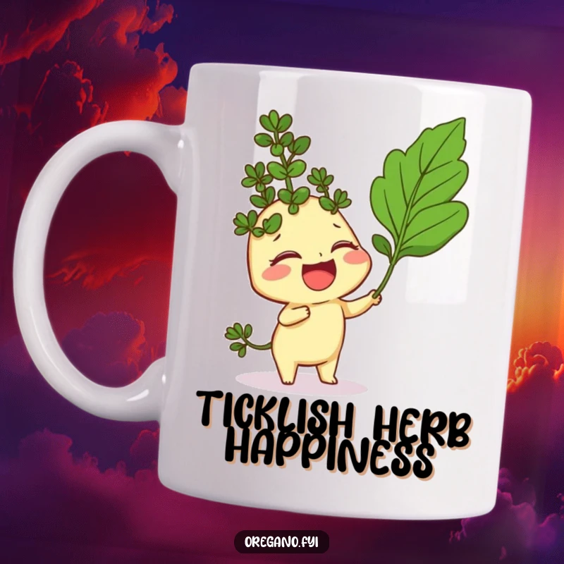 Funny mug with a giggling oregano sprig character being playfully tickled by a curry leaf, embodying pure amusement.