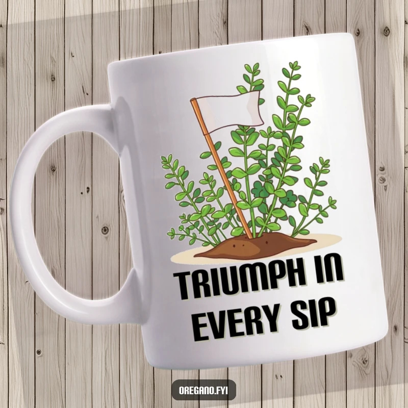 Funny Oregano Victory Flag Mug: A triumphant oregano sprig proudly planting a miniature flag, symbolizing a glorious achievement.