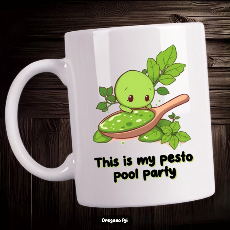 Funny mug art: An oregano leaf character curiously peeks into a massive spoonful of delicious green pesto, showcasing a whimsical food adventure.