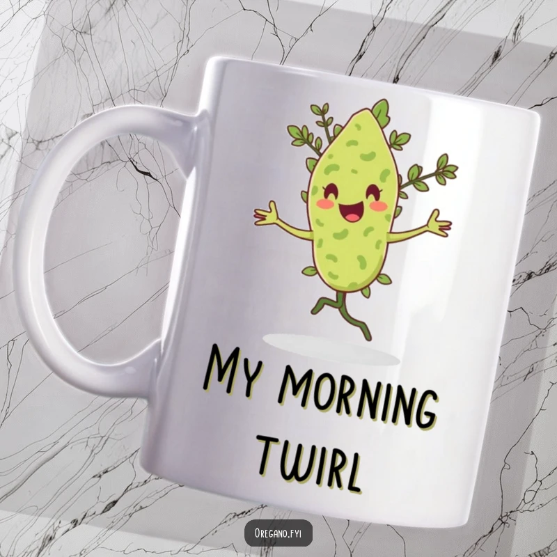 Funny mug with an oregano leaf character happily performing a pirouette with a graceful flourish.