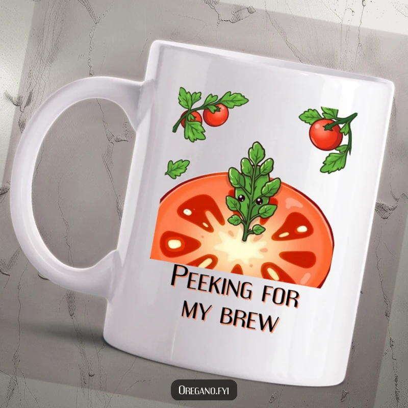 Funny mug showing a timid oregano leaf character peeking out shyly from behind a huge, ripe tomato slice.