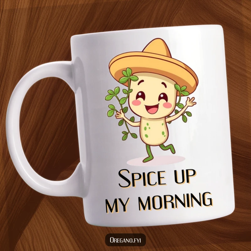 Funny mug with a smiling oregano sprig wearing a tiny sombrero, joyfully dancing with spice and flair.