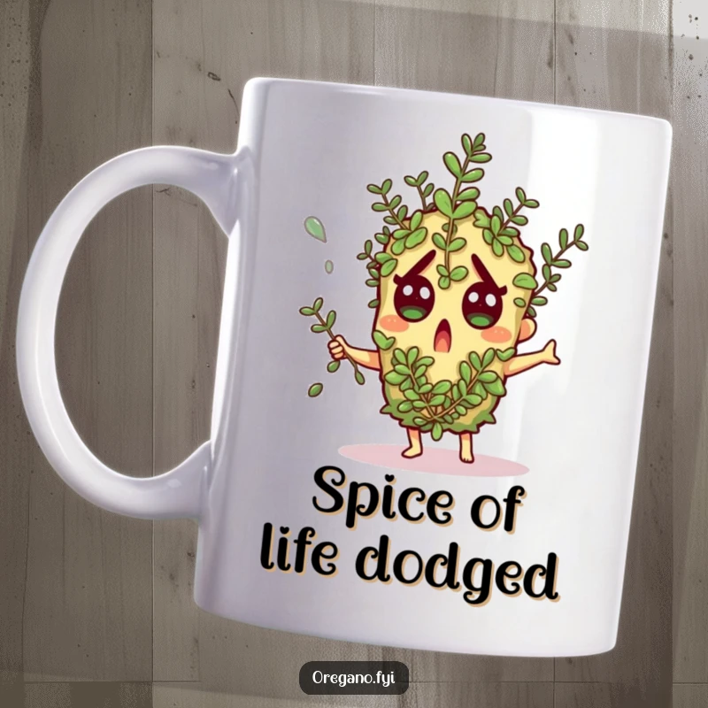 Funny mug design: An oregano character gasps in surprise, comically dodging a falling herb sprig with a panicked expression.