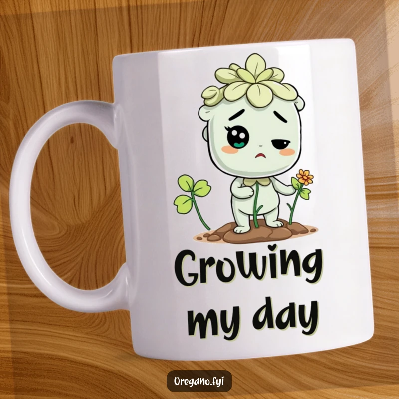 Funny mug featuring a determined oregano character focused on sprouting a tiny flower, symbolizing growth and persistence.