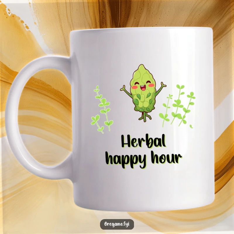 Funny kawaii oregano leaf mug, joyfully dancing with tiny arms, a cheerful and humorous addition to any kitchen.