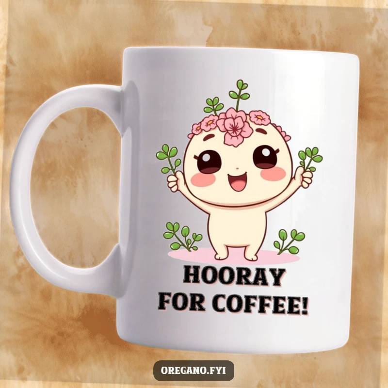 Funny kawaii oregano sprig character enthusiastically cheering with its tiny leaves held high on a mug, a symbol of joy.