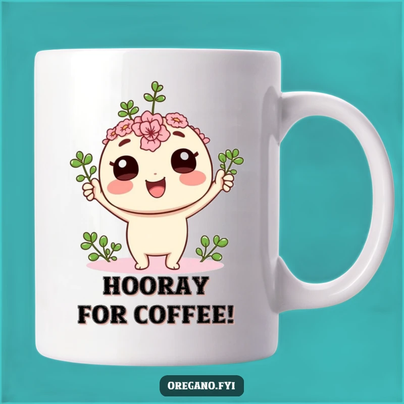Funny Kawaii Oregano Victory Mug: Cheerful Herb Celebration, Perfect Gift