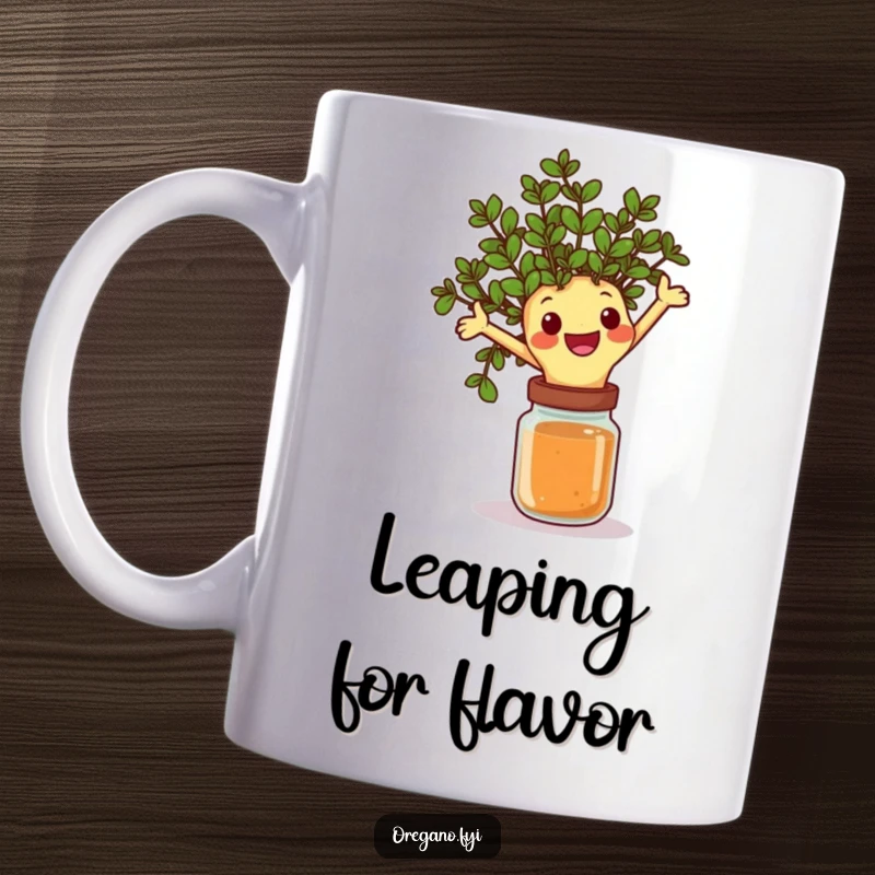 Funny mug depicting a happy oregano sprig character joyfully leaping over a spice jar, embodying playful energy and kitchen fun.