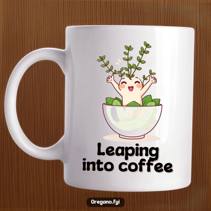 Funny Kawaii oregano sprig character joyfully leaping into a tiny salad bowl, a humorous and delightful mug.