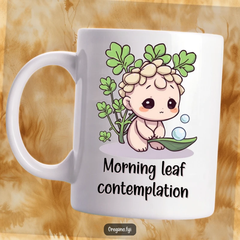 Funny curious Oregano character mug, gazing intently at a single dewdrop on a leaf, showcasing gentle wonder and humor. A thoughtful gift.