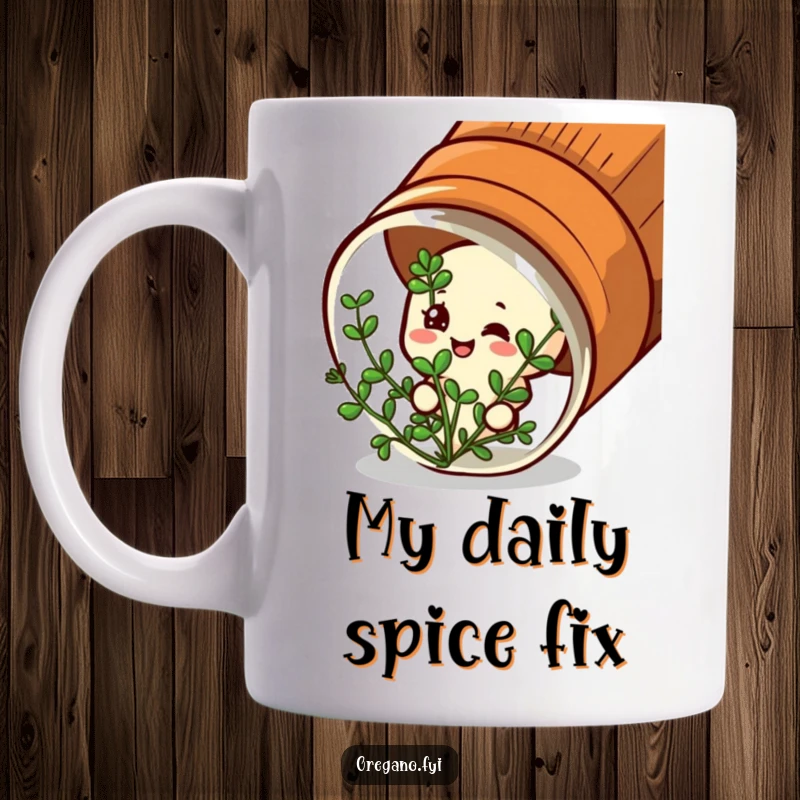 Funny mug: A satisfied oregano character peeks contentedly from a spice jar, looking pleased with itself.