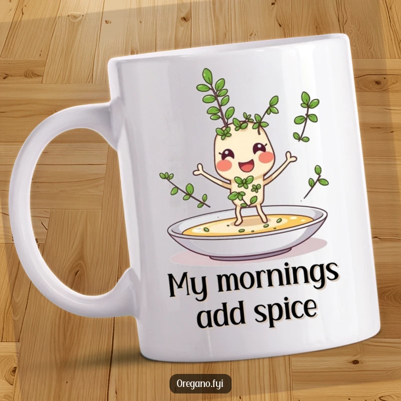 Funny mug featuring a cheerful oregano sprig character with tiny legs joyfully sprinkling itself onto a dish, adding culinary fun.