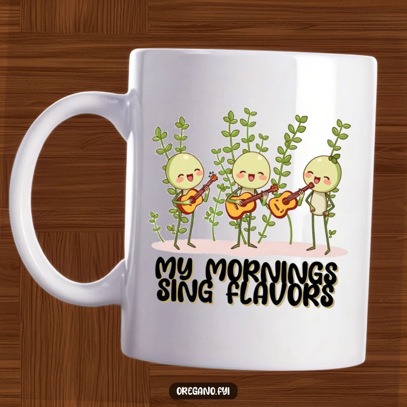 Funny mug featuring a group of oregano sprigs happily harmonizing with tiny leaf-shaped instruments, showcasing musical herb fun.