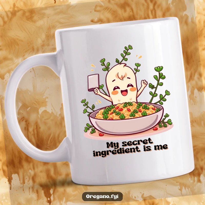 Funny Oregano character chef mug, enthusiastically seasoning a gigantic dish with zest and culinary flair, making it a hilarious kitchen gift.