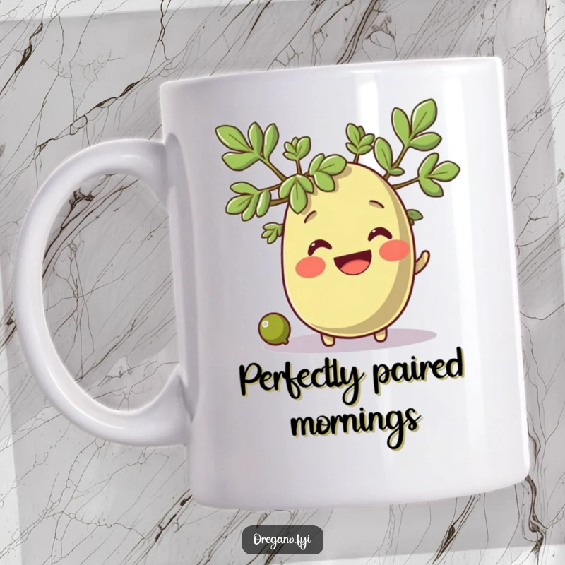 Funny cute oregano sprig character smiling widely as a tiny olive rolls past, a cheerful scene.