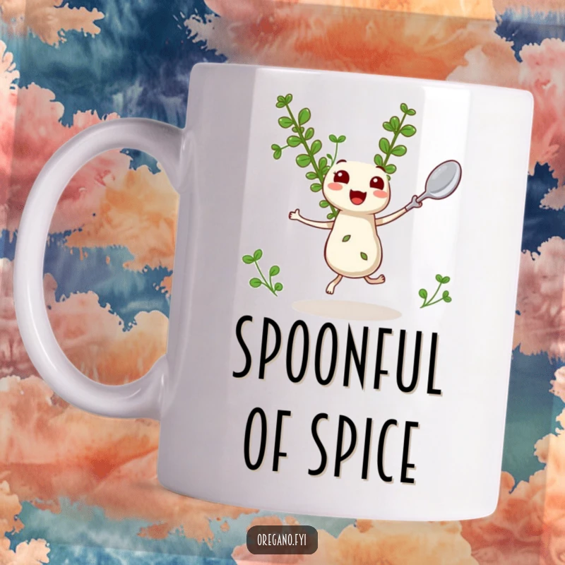 Funny Dancing Oregano Mug: A kawaii oregano sprig happily dances, twirling a miniature spoon with culinary delight.