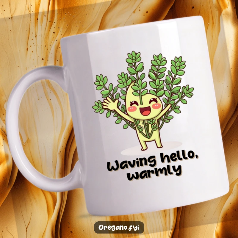Funny mug depicting a happy oregano herb enthusiastically waving its fronds, offering a warm and humorous greeting.