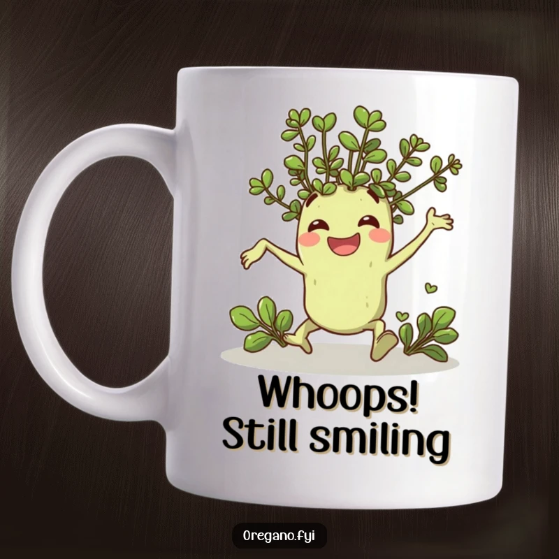 Funny mug with a cheerful oregano sprig character comically tripping and happily landing, perfect gift for humor lovers.
