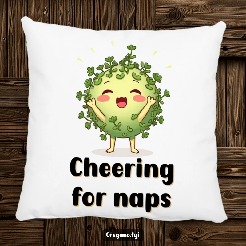 Funny round oregano character pillow cheering loudly with tiny leaf-like pom-poms, soft and humorous decor for sofas and beds.