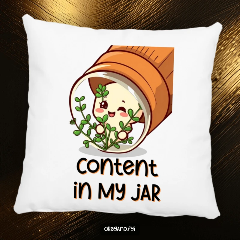 Funny pillow: A satisfied oregano character peeks from a spice jar, perfect for cozy contentment.