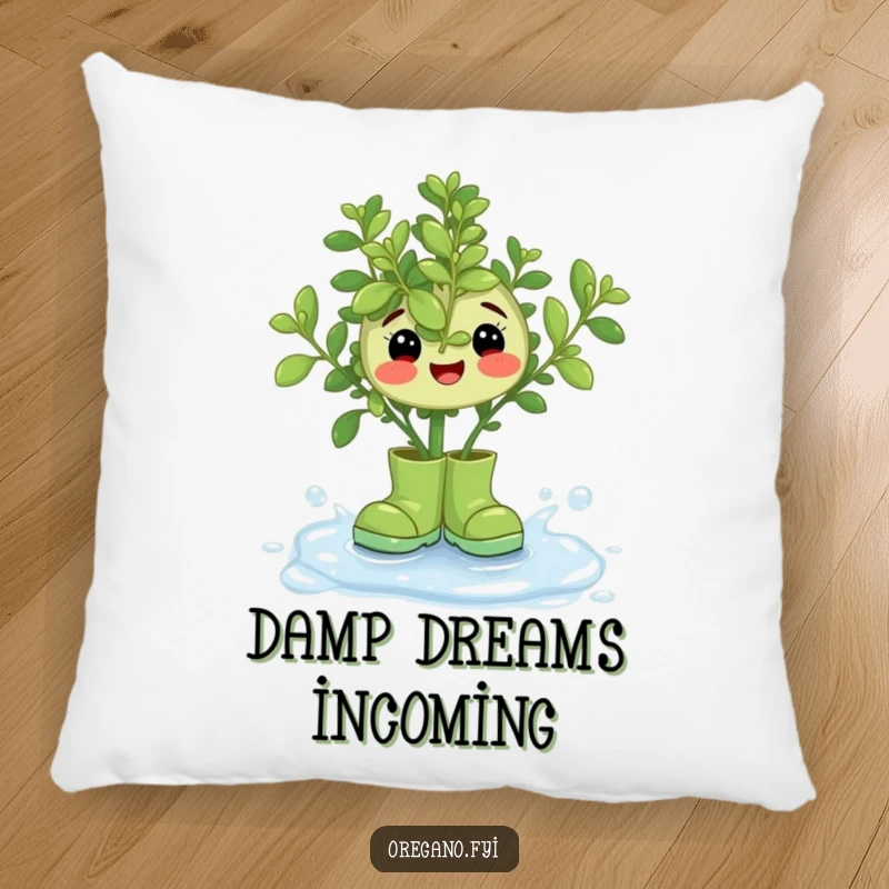 Funny Oregano Rain Boots Pillow: A happy oregano character wearing tiny rain boots, splashing in a dewdrop for cozy enjoyment.