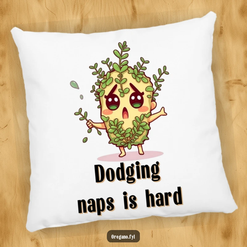 Funny pillow: A surprised oregano character comically dodges a falling herb sprig, ideal for humorous home decor.