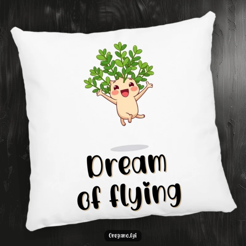 Funny pillow depicting a cheerful oregano sprig performing a happy jump on a bouncy leaf, full of life.
